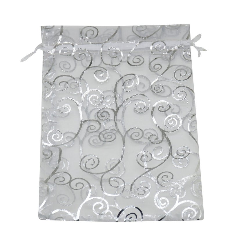 SUNGULF 100pcs Organza Pouch Bag Drawstring 6"x8" Strong Gift Candy Bag Jewelry Party Wedding Favor (Silver White) - Image 1